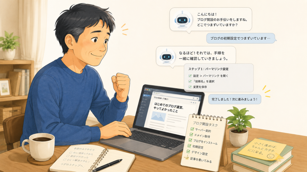 AIに相談しながらWordPressブログ開設を進めているイメージ