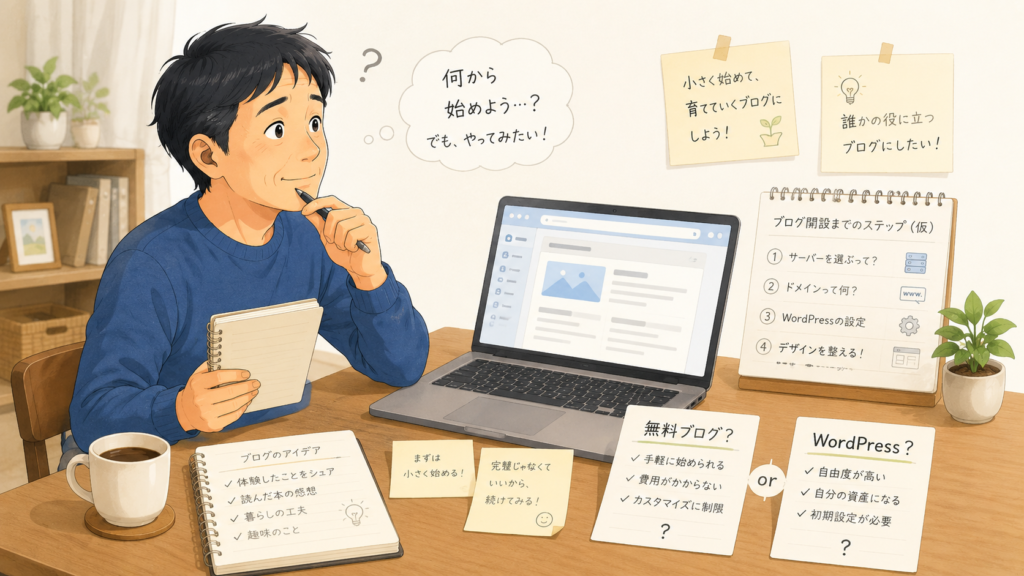 パソコンでWordPressブログの開設作業を進めている初心者のイメージ