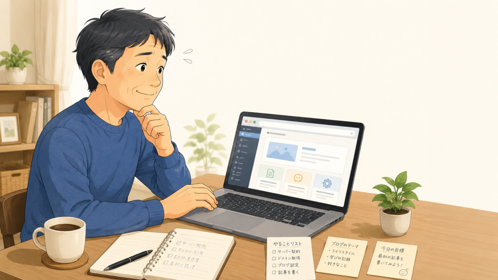 WordPressブログを始める前に何から始めるか悩んでいるイメージ