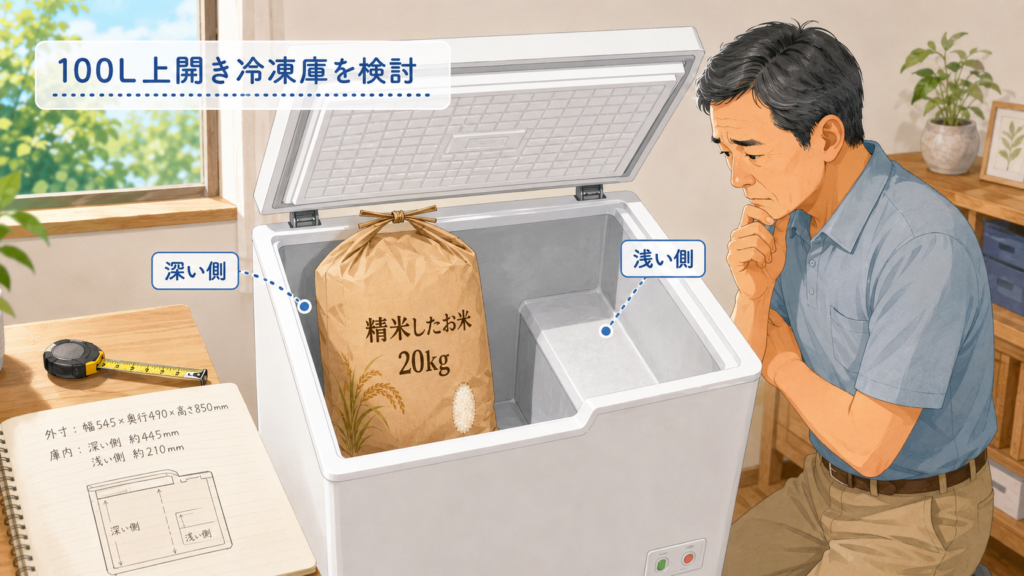 100L上開き冷凍庫に米袋を入れる想定図