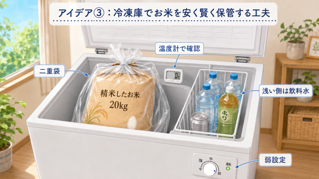 上開き冷凍庫の庫内段差と米袋配置の検討図